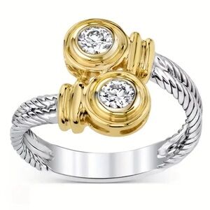 Elegant Cable Design Silver-Plated Adjustable Ring with Crystal Accents size 6